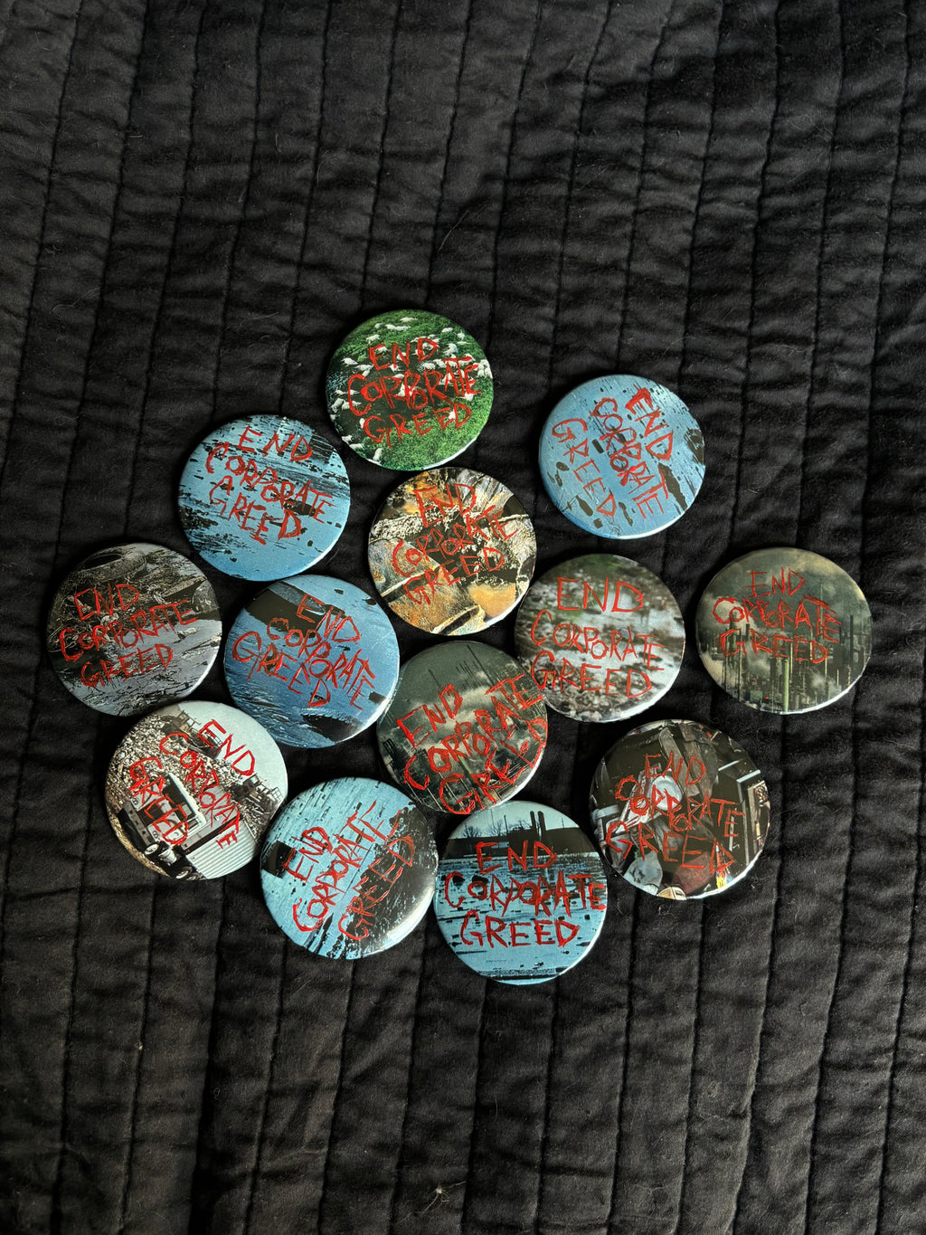 end corporate greed 2.25” pin